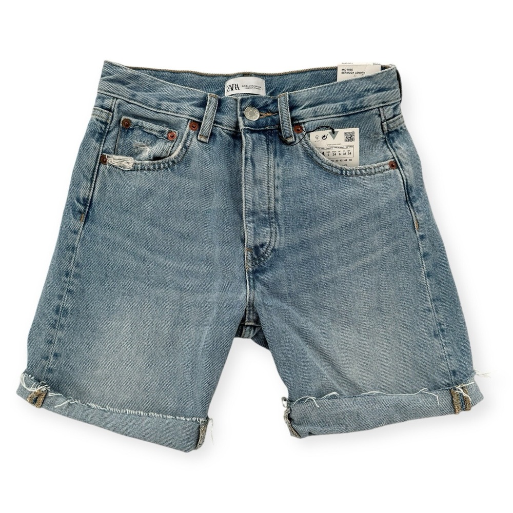 NWT Zara Retro Cycling Jeans Shorts Womens 2 Button Fly Mid‎ Rise Bermuda Denim